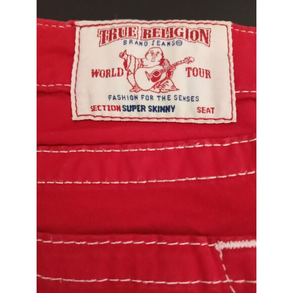 TRUE RELIGION Red Jeans Stretchy Super Skinny Low White Stitch 5 Pocket SZ 26 - Picture 6 of 11